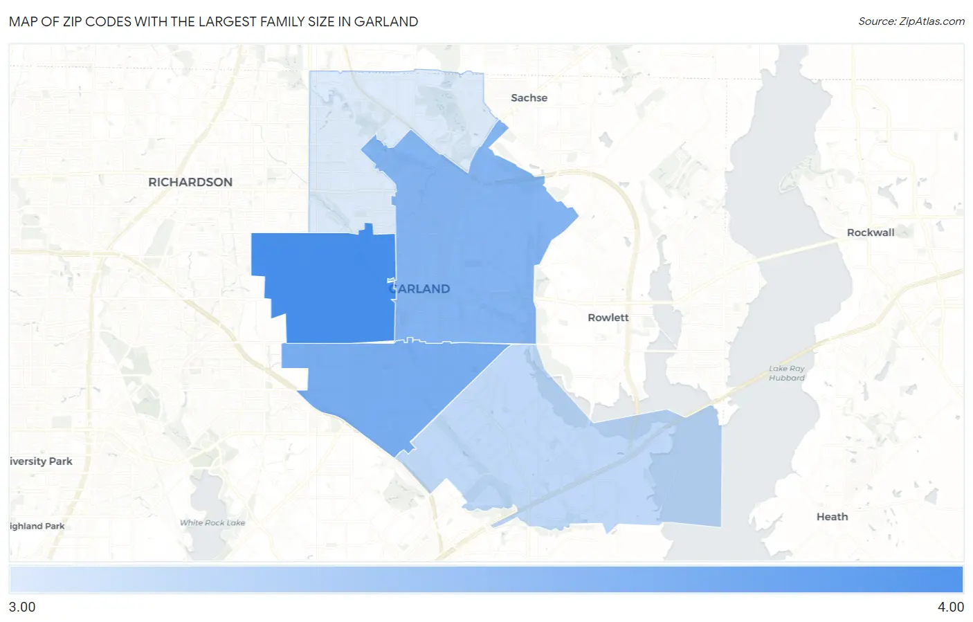 Zip Codes with the Largest Family Size in Garland Map
