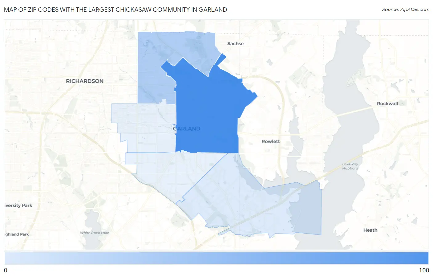 Zip Codes with the Largest Chickasaw Community in Garland Map