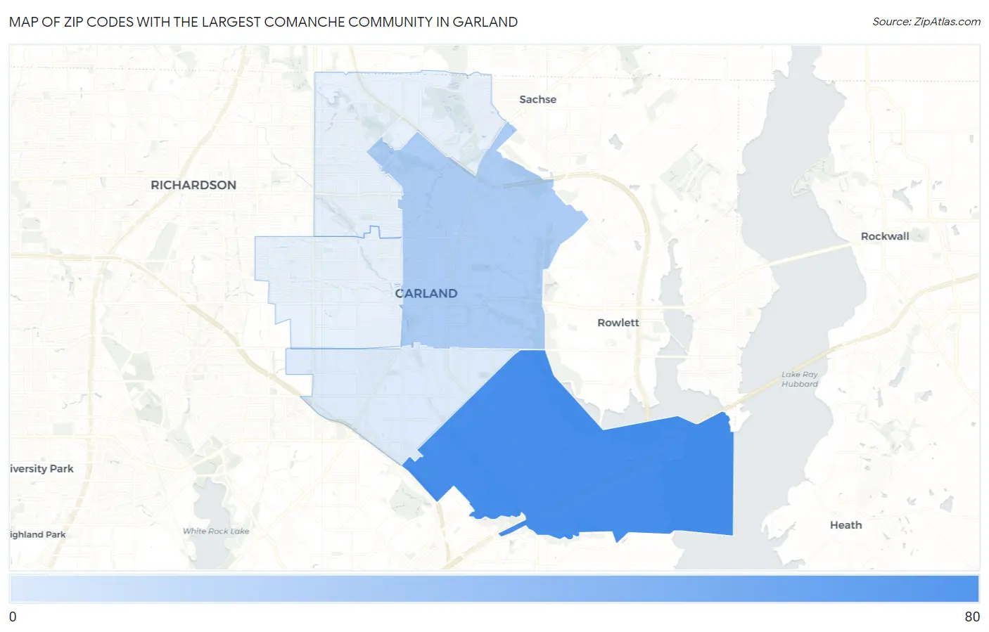 Zip Codes with the Largest Comanche Community in Garland Map