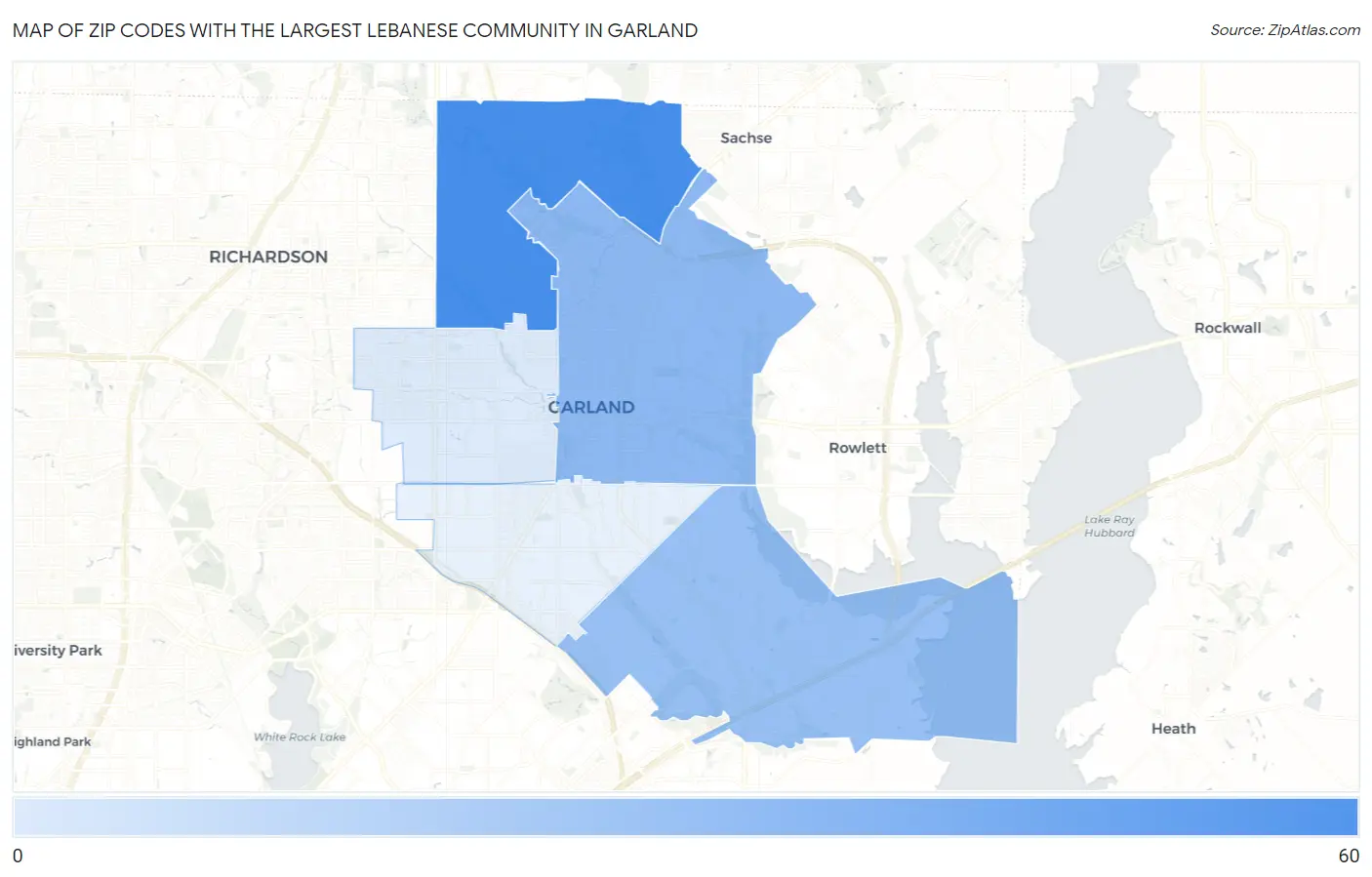 Zip Codes with the Largest Lebanese Community in Garland Map