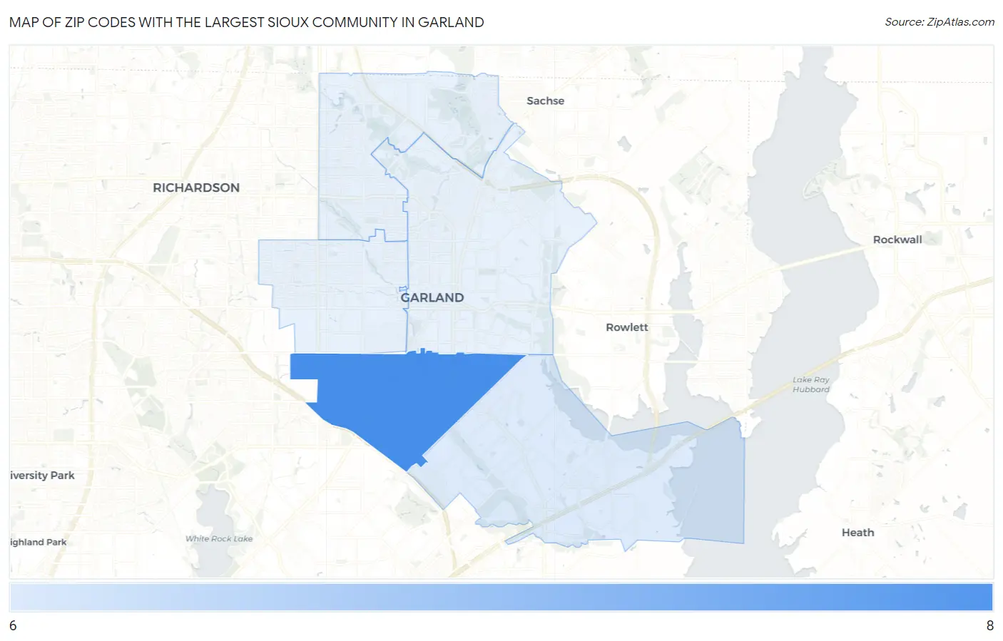 Zip Codes with the Largest Sioux Community in Garland Map