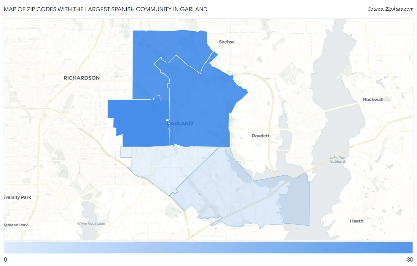Zip Codes with the Largest Spanish Community in Garland Map