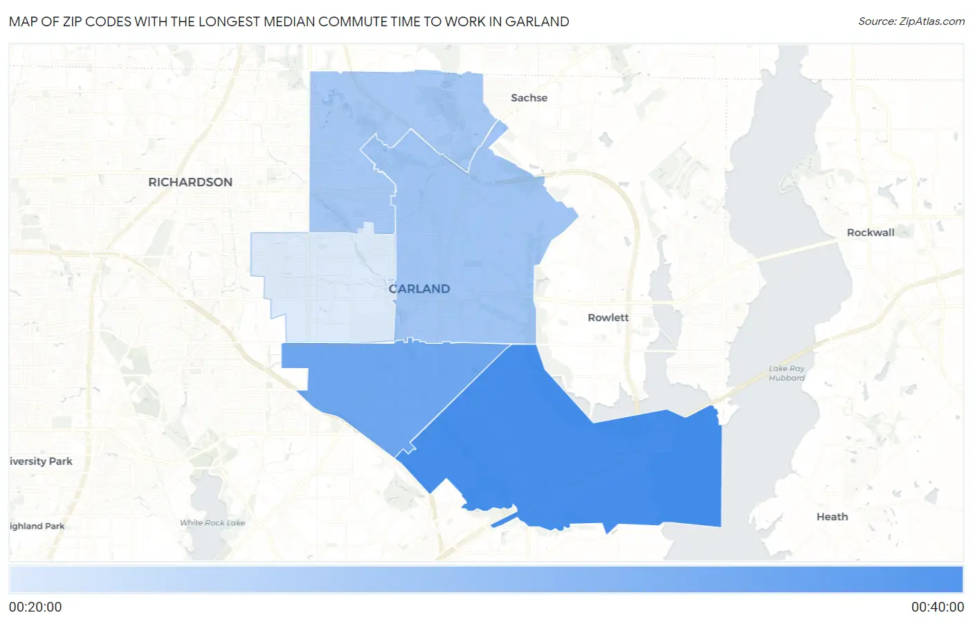 Zip Codes with the Longest Median Commute Time to Work in Garland Map