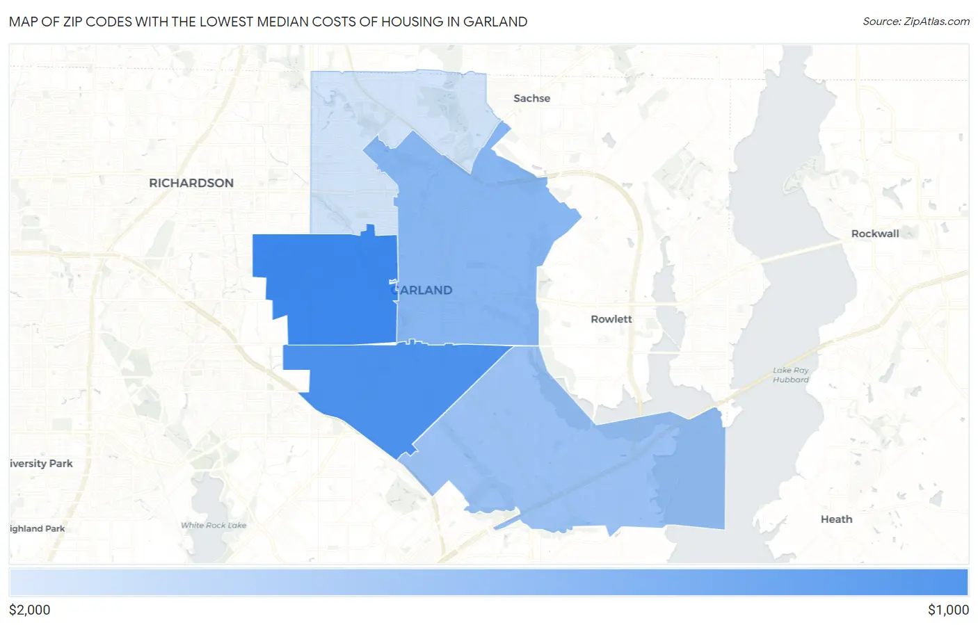 Zip Codes with the Lowest Median Costs of Housing in Garland Map