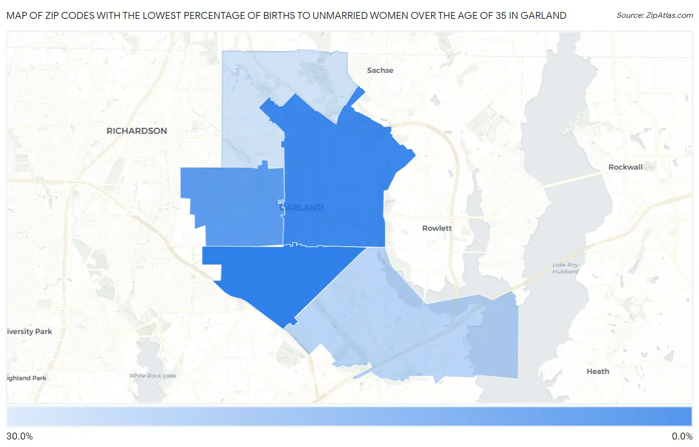 Zip Codes with the Lowest Percentage of Births to Unmarried Women over the Age of 35 in Garland Map