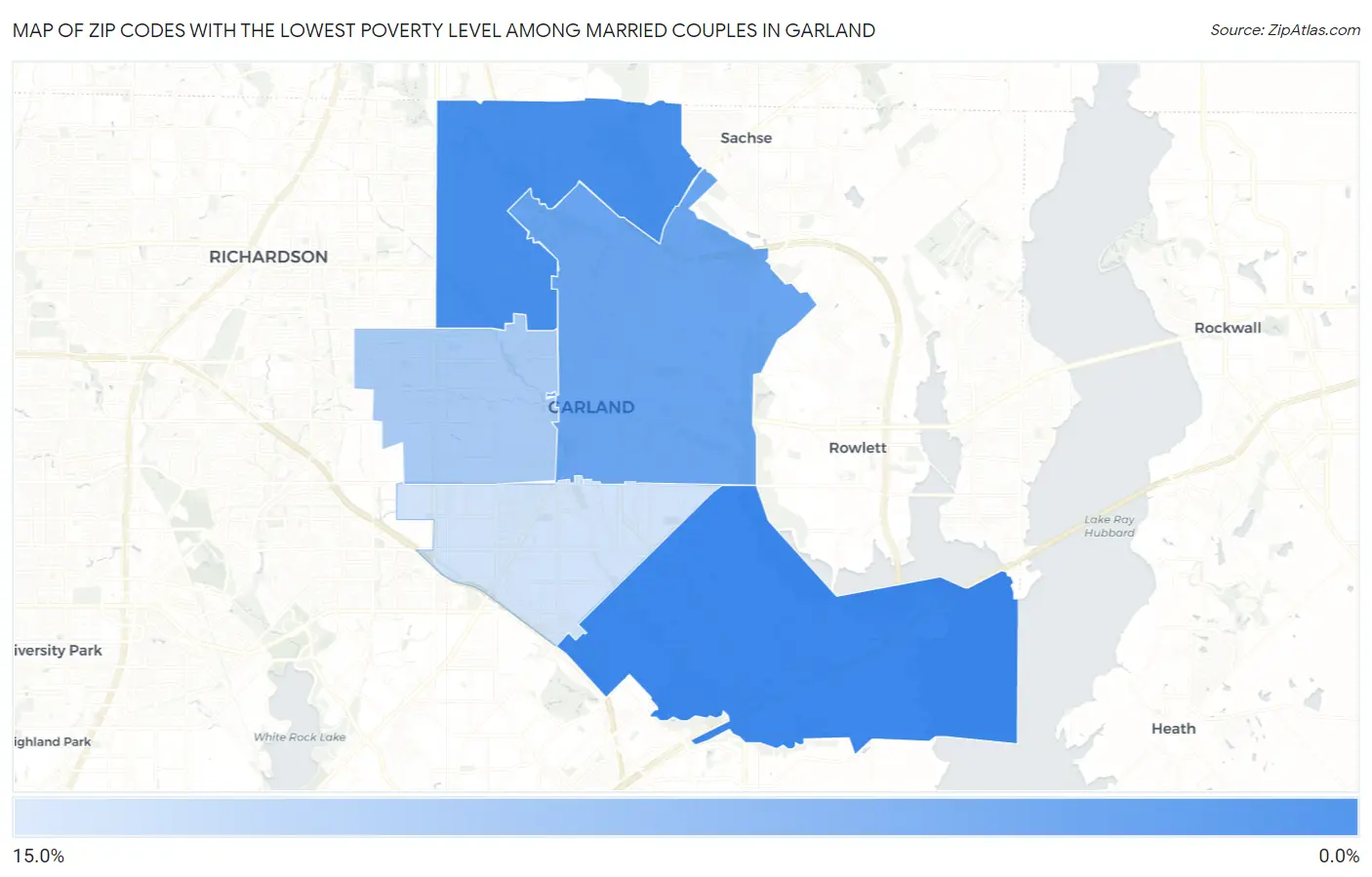 Zip Codes with the Lowest Poverty Level Among Married Couples in Garland Map