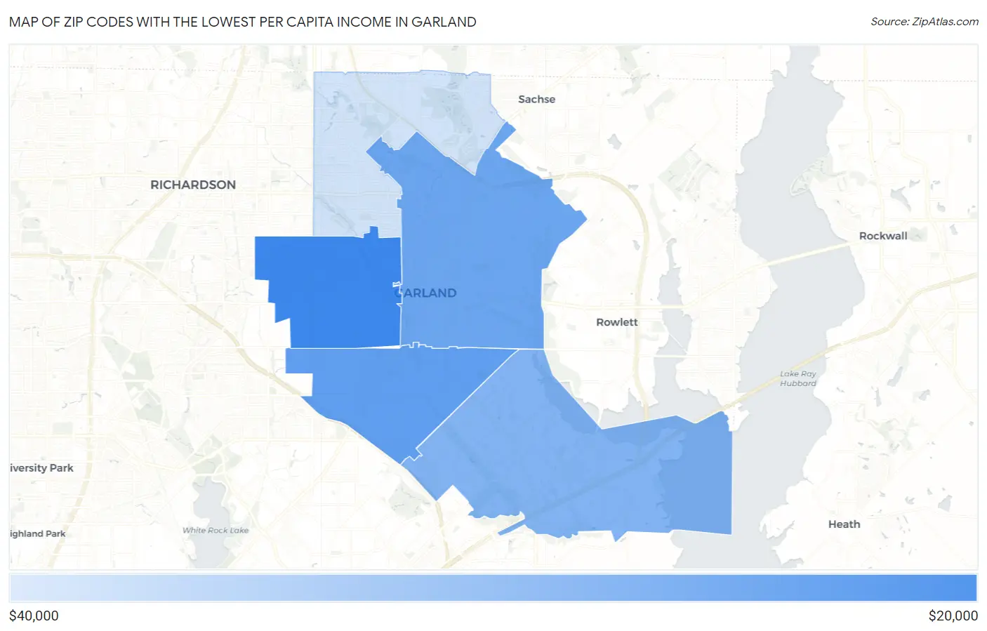 Zip Codes with the Lowest Per Capita Income in Garland Map