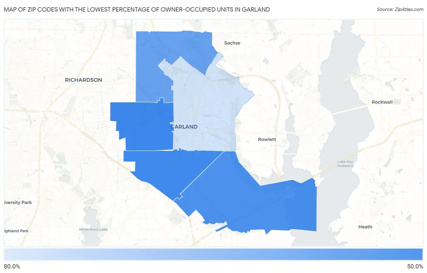 Zip Codes with the Lowest Percentage of Owner-Occupied Units in Garland Map