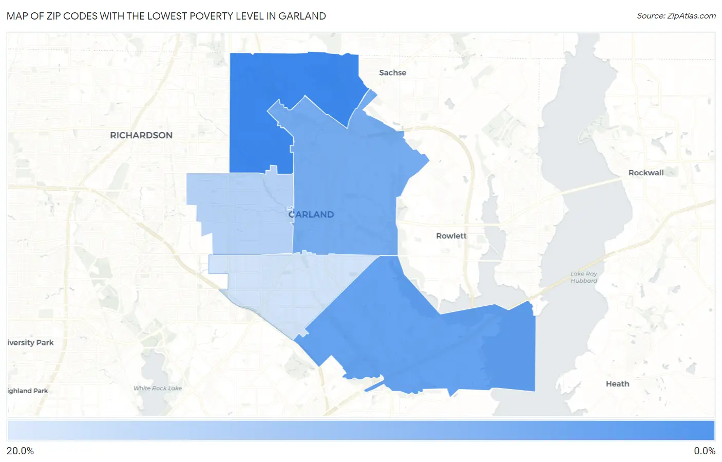 Zip Codes with the Lowest Poverty Level in Garland Map