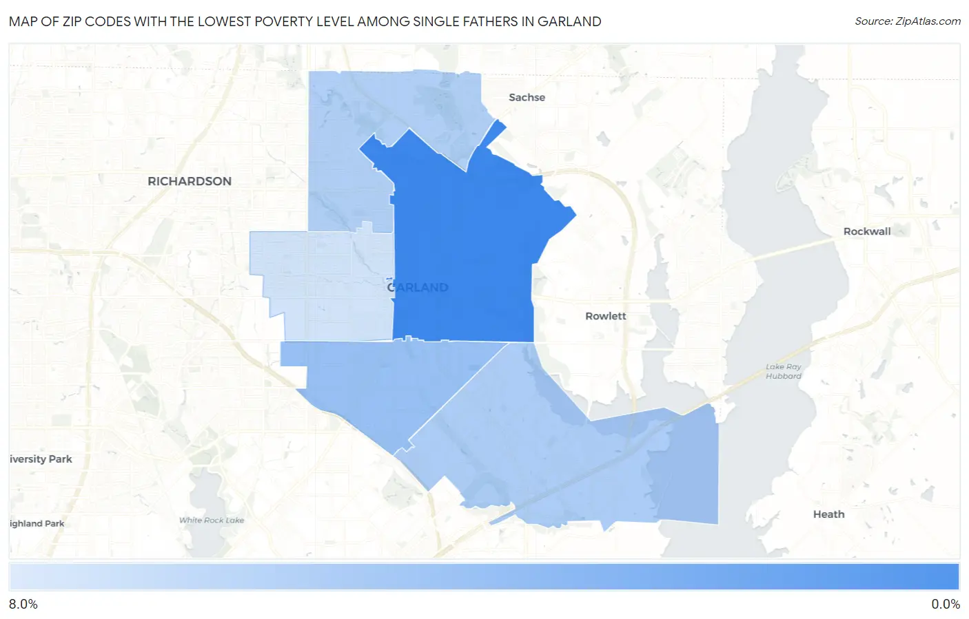 Zip Codes with the Lowest Poverty Level Among Single Fathers in Garland Map