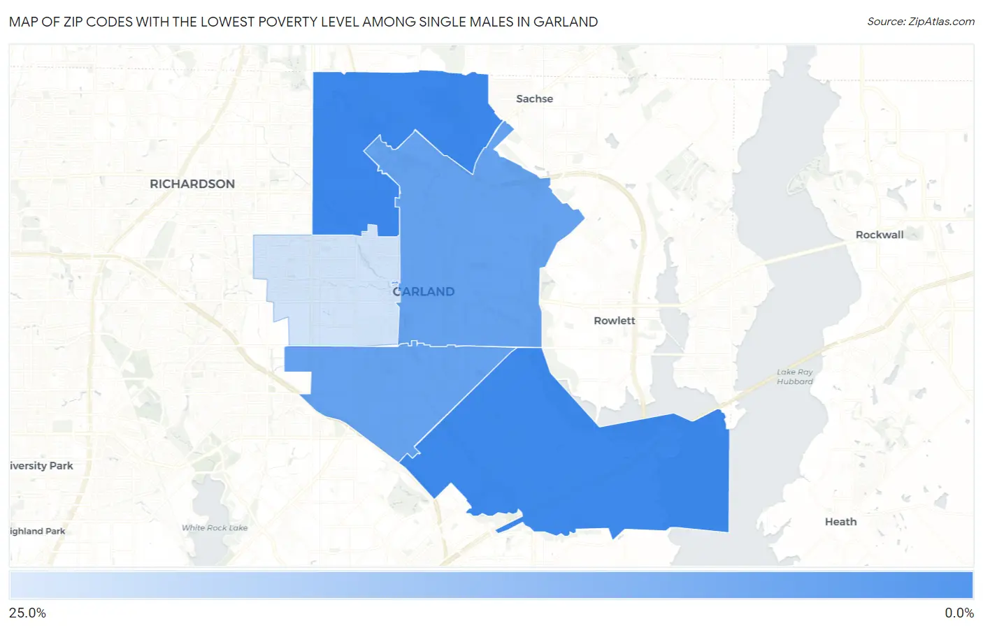 Zip Codes with the Lowest Poverty Level Among Single Males in Garland Map