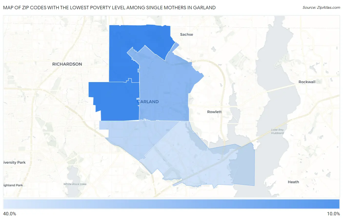 Zip Codes with the Lowest Poverty Level Among Single Mothers in Garland Map