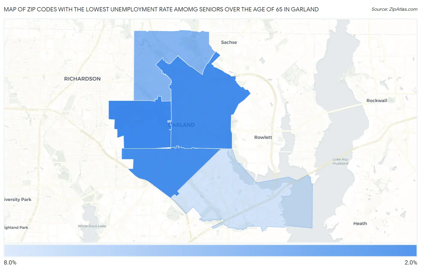 Zip Codes with the Lowest Unemployment Rate Amomg Seniors Over the Age of 65 in Garland Map