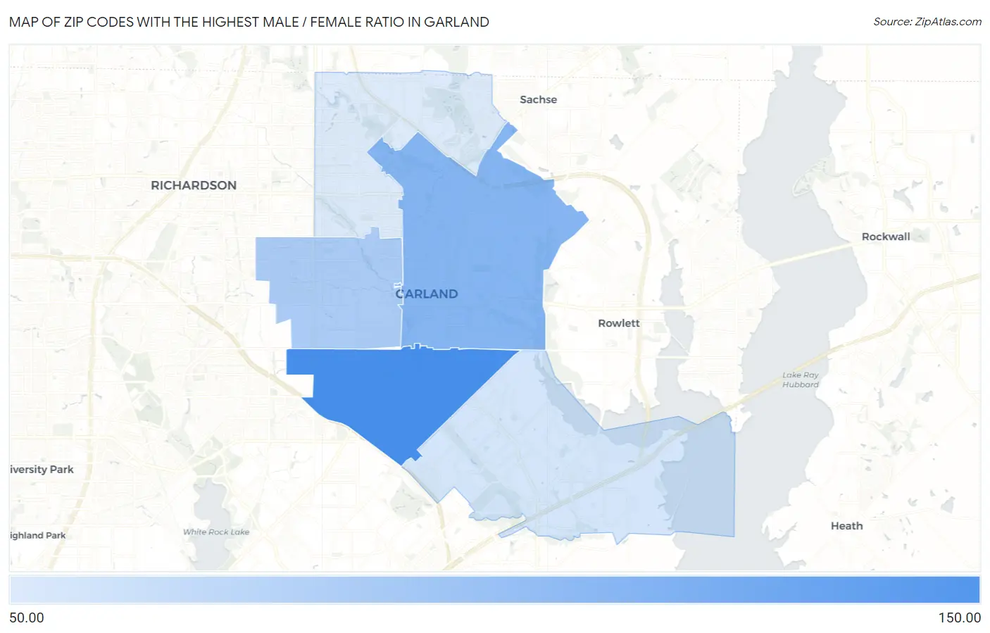 Zip Codes with the Highest Male / Female Ratio in Garland Map