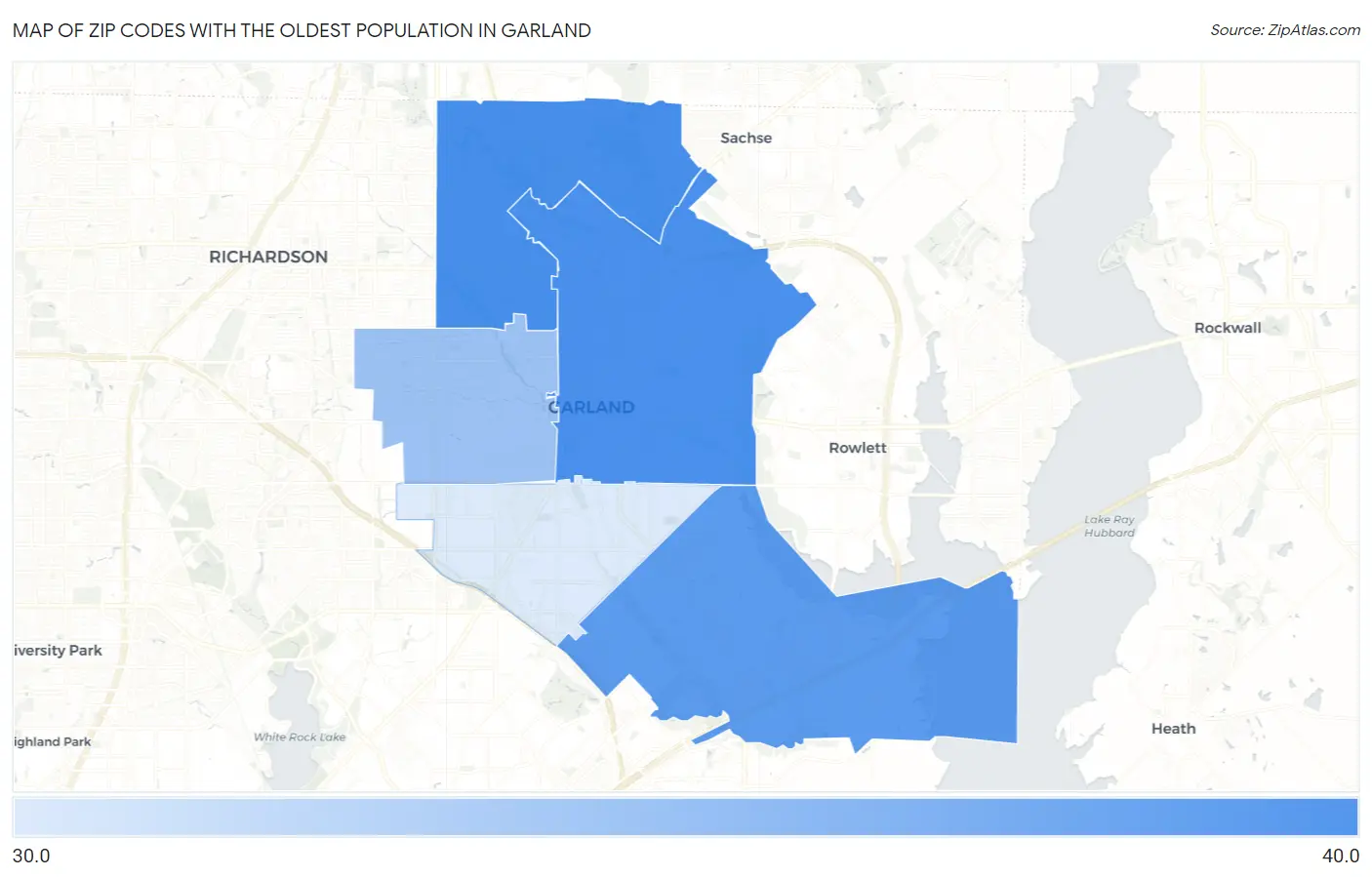Zip Codes with the Oldest Population in Garland Map