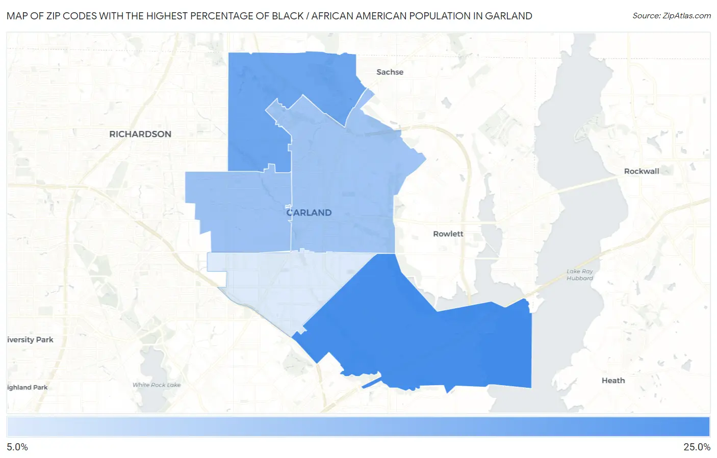 Zip Codes with the Highest Percentage of Black / African American Population in Garland Map