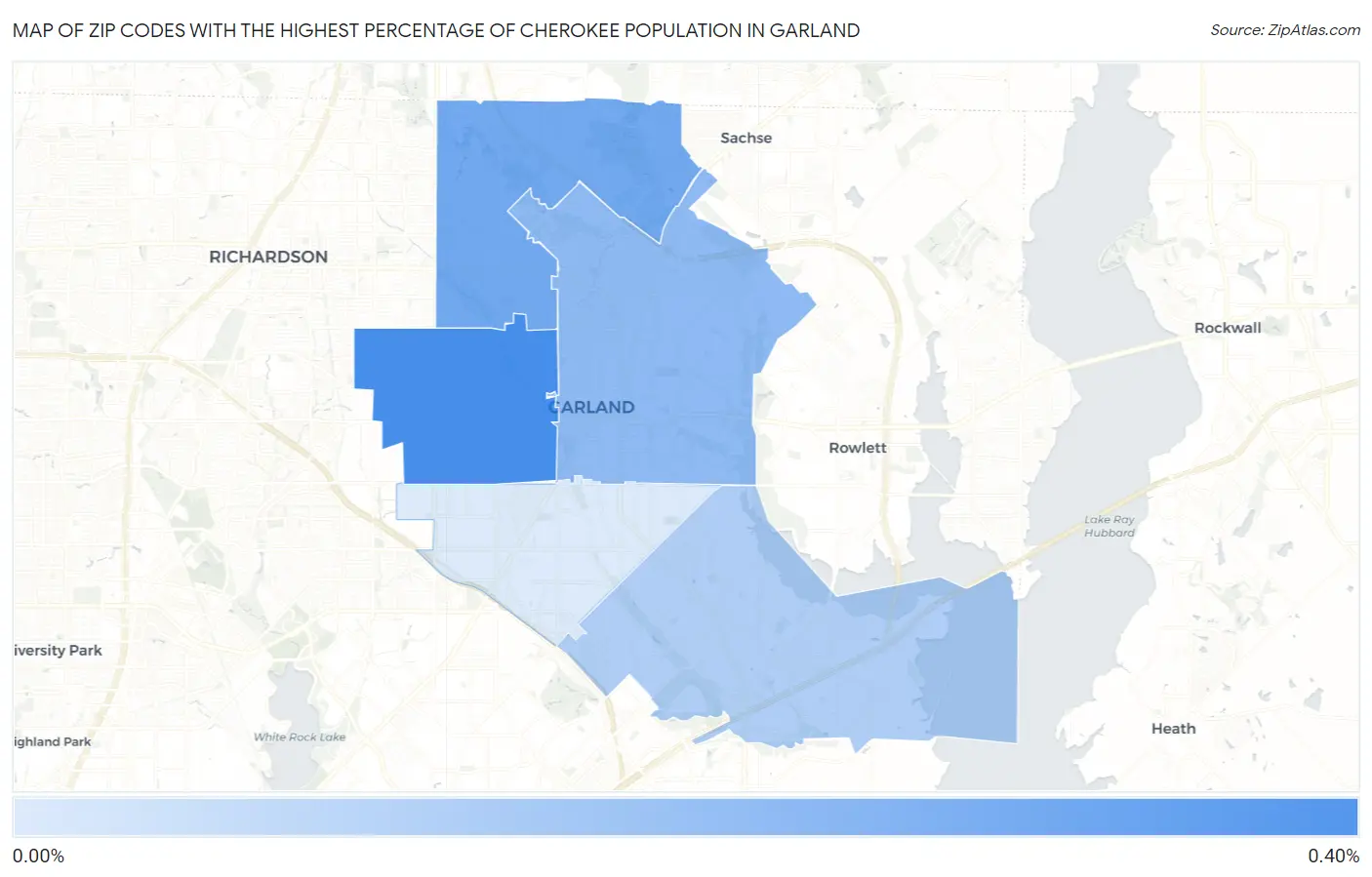 Zip Codes with the Highest Percentage of Cherokee Population in Garland Map