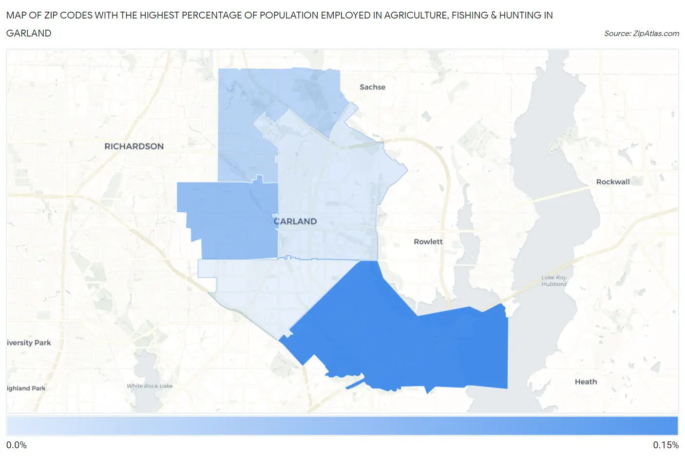 Zip Codes with the Highest Percentage of Population Employed in Agriculture, Fishing & Hunting in Garland Map