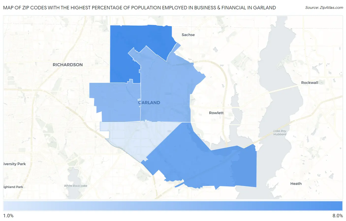 Zip Codes with the Highest Percentage of Population Employed in Business & Financial in Garland Map
