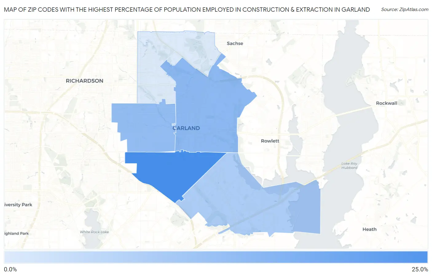 Zip Codes with the Highest Percentage of Population Employed in Construction & Extraction in Garland Map
