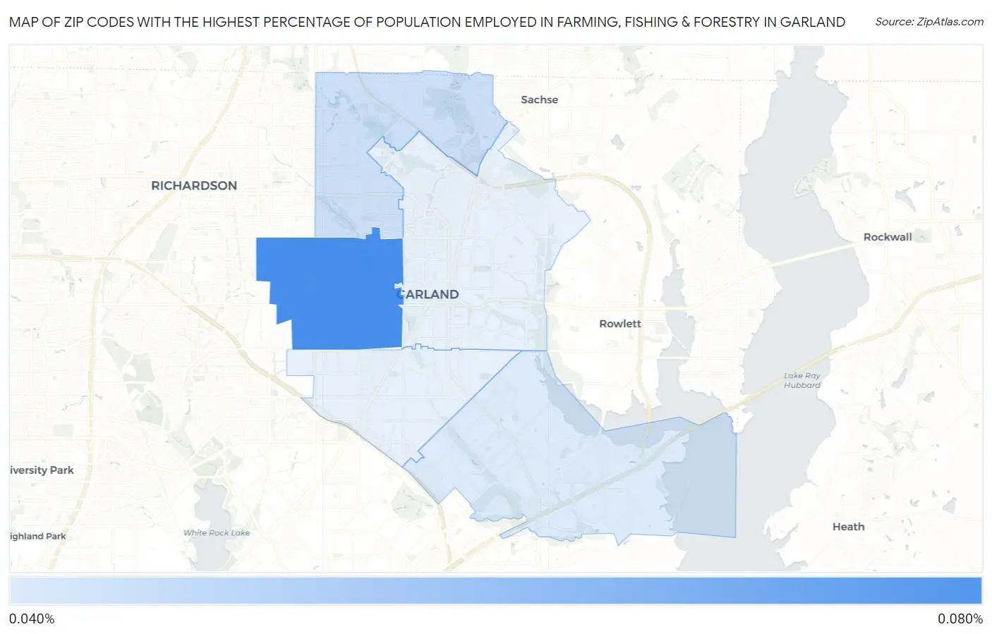 Zip Codes with the Highest Percentage of Population Employed in Farming, Fishing & Forestry in Garland Map
