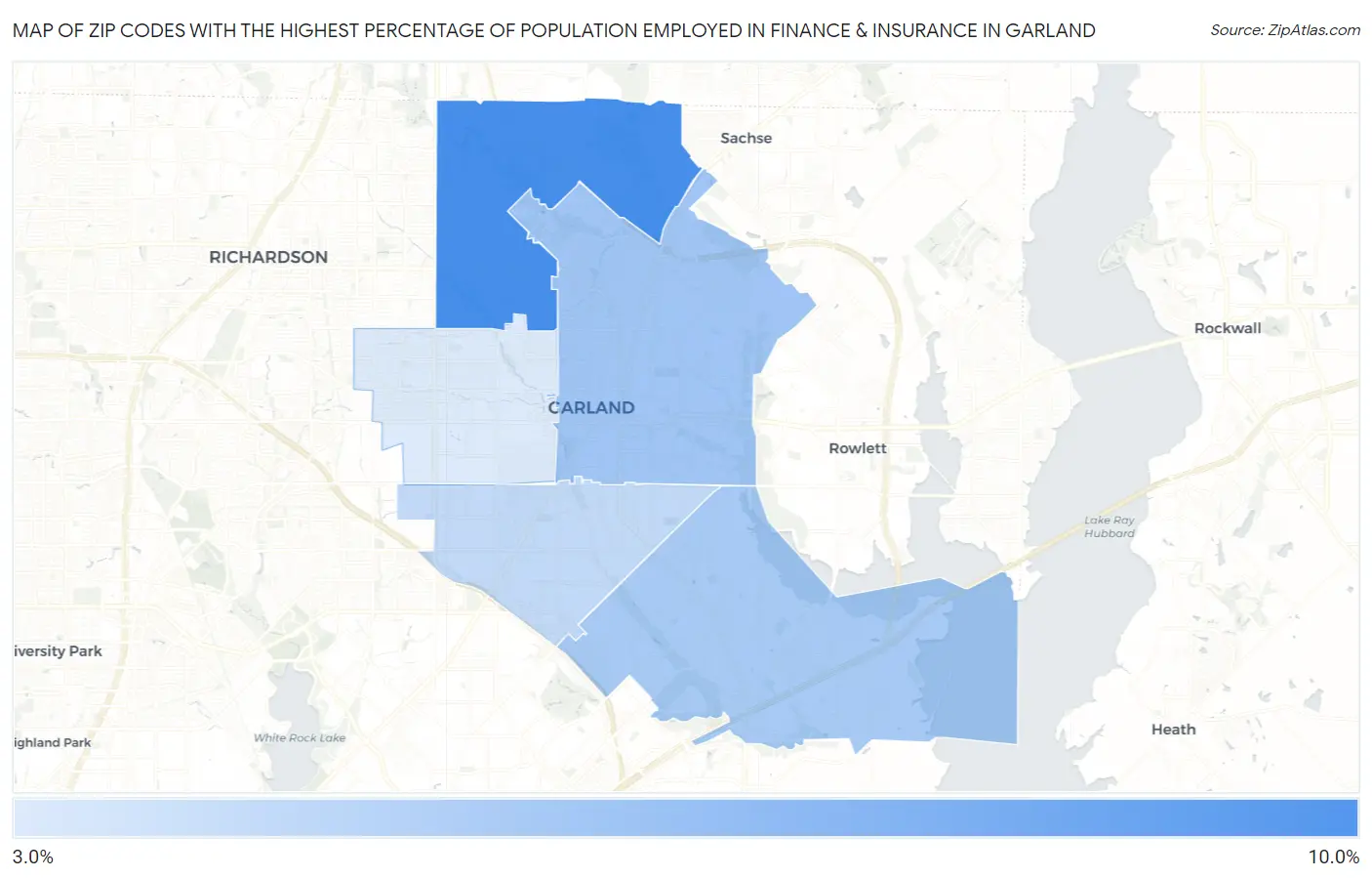 Zip Codes with the Highest Percentage of Population Employed in Finance & Insurance in Garland Map