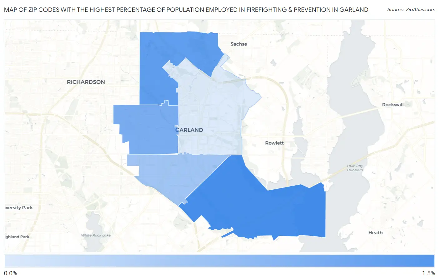 Zip Codes with the Highest Percentage of Population Employed in Firefighting & Prevention in Garland Map