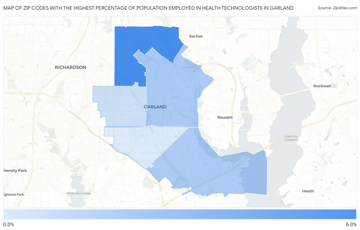 Zip Codes with the Highest Percentage of Population Employed in Health Technologists in Garland Map