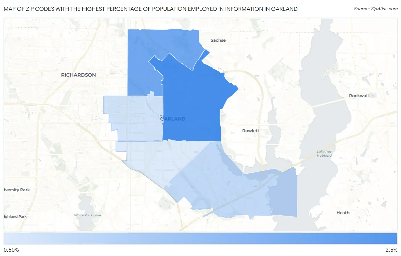 Zip Codes with the Highest Percentage of Population Employed in Information in Garland Map