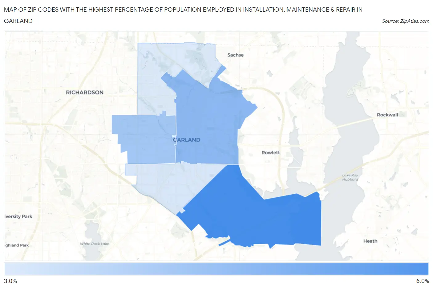 Zip Codes with the Highest Percentage of Population Employed in Installation, Maintenance & Repair in Garland Map