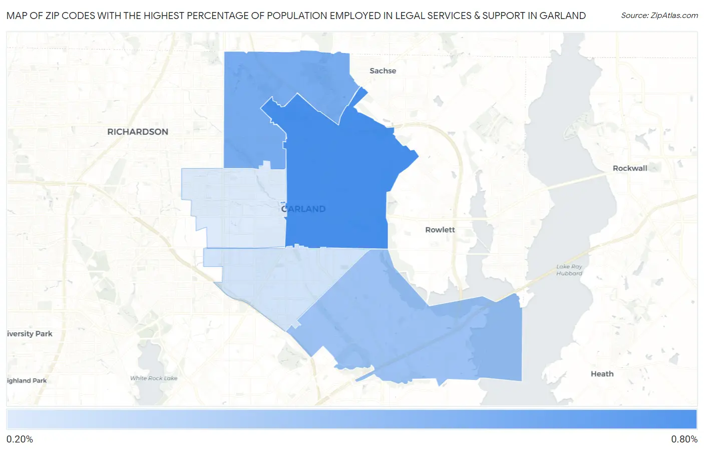 Zip Codes with the Highest Percentage of Population Employed in Legal Services & Support in Garland Map