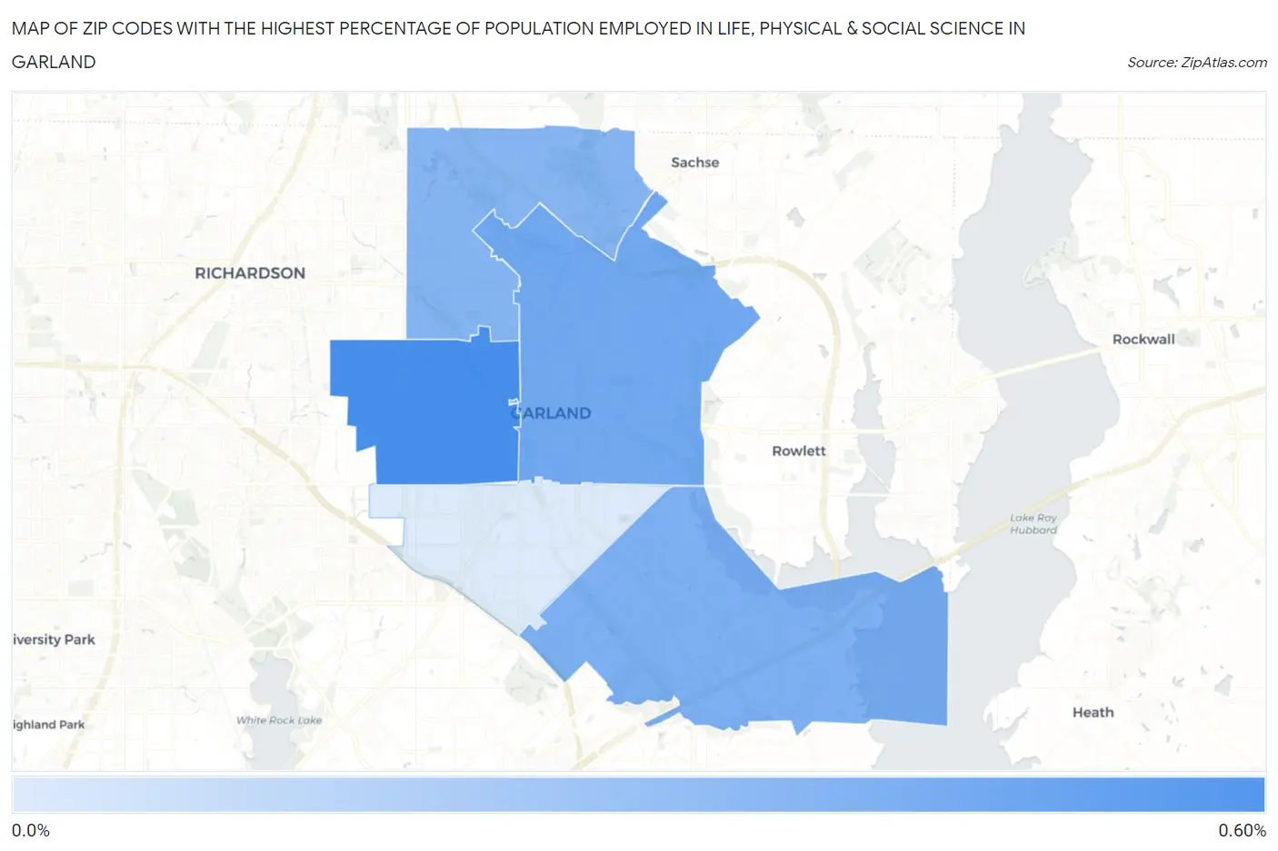 Zip Codes with the Highest Percentage of Population Employed in Life, Physical & Social Science in Garland Map
