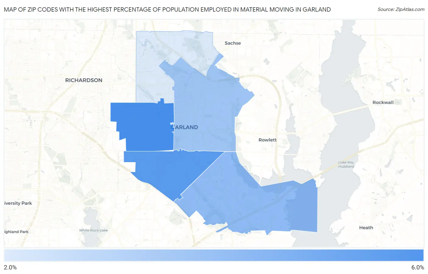 Zip Codes with the Highest Percentage of Population Employed in Material Moving in Garland Map