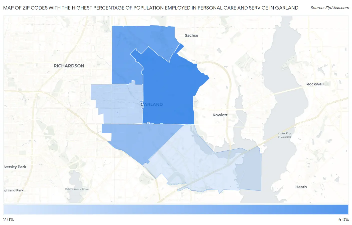 Zip Codes with the Highest Percentage of Population Employed in Personal Care and Service in Garland Map