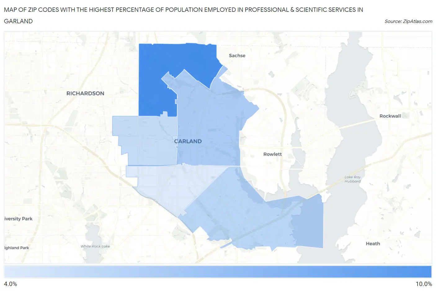 Zip Codes with the Highest Percentage of Population Employed in Professional & Scientific Services in Garland Map