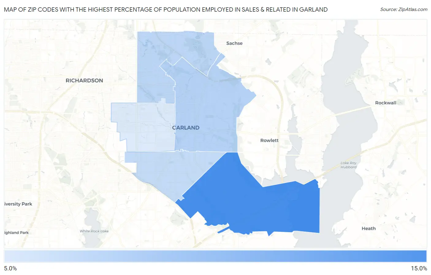 Zip Codes with the Highest Percentage of Population Employed in Sales & Related in Garland Map
