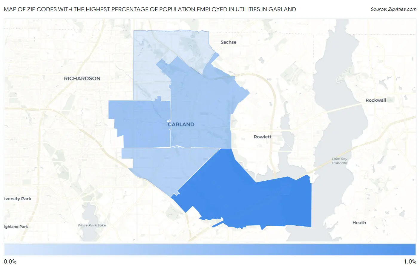 Zip Codes with the Highest Percentage of Population Employed in Utilities in Garland Map