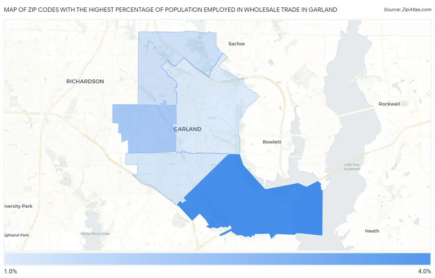 Zip Codes with the Highest Percentage of Population Employed in Wholesale Trade in Garland Map
