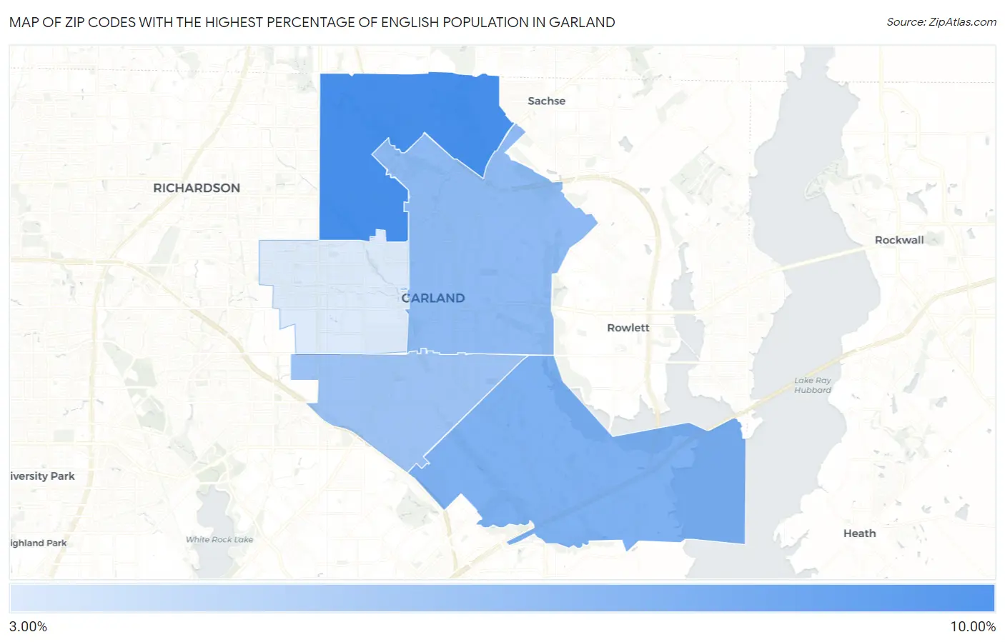 Zip Codes with the Highest Percentage of English Population in Garland Map