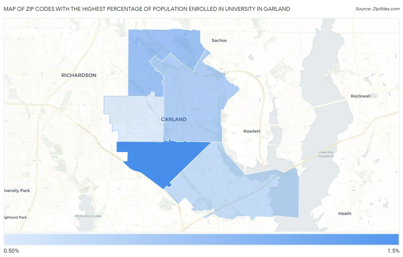 Zip Codes with the Highest Percentage of Population Enrolled in University in Garland Map