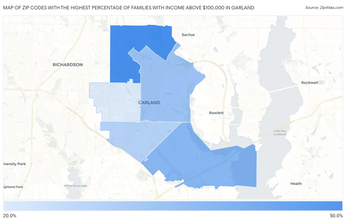 Zip Codes with the Highest Percentage of Families with Income Above $100,000 in Garland Map