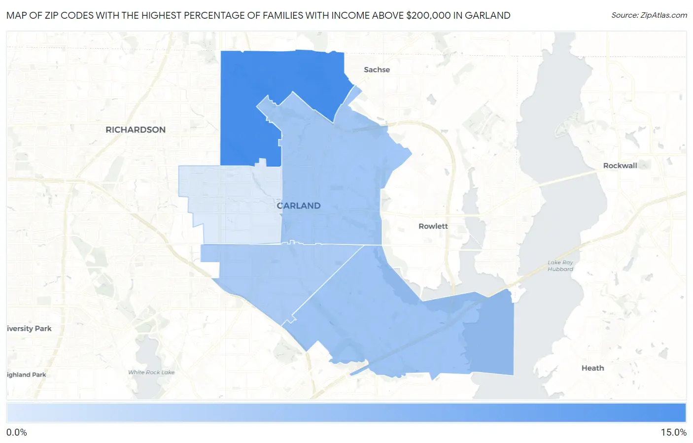 Zip Codes with the Highest Percentage of Families with Income Above $200,000 in Garland Map