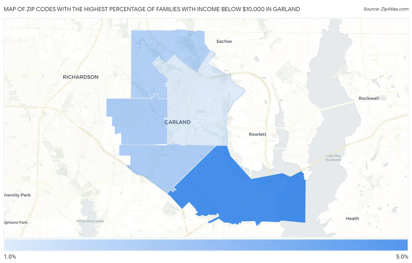 Zip Codes with the Highest Percentage of Families with Income Below $10,000 in Garland Map