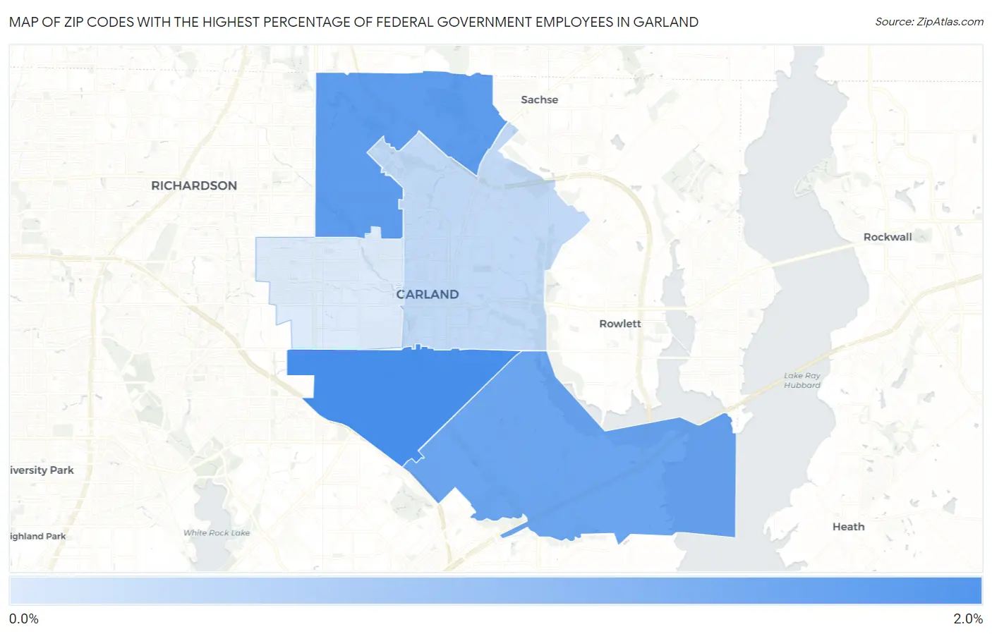 Zip Codes with the Highest Percentage of Federal Government Employees in Garland Map