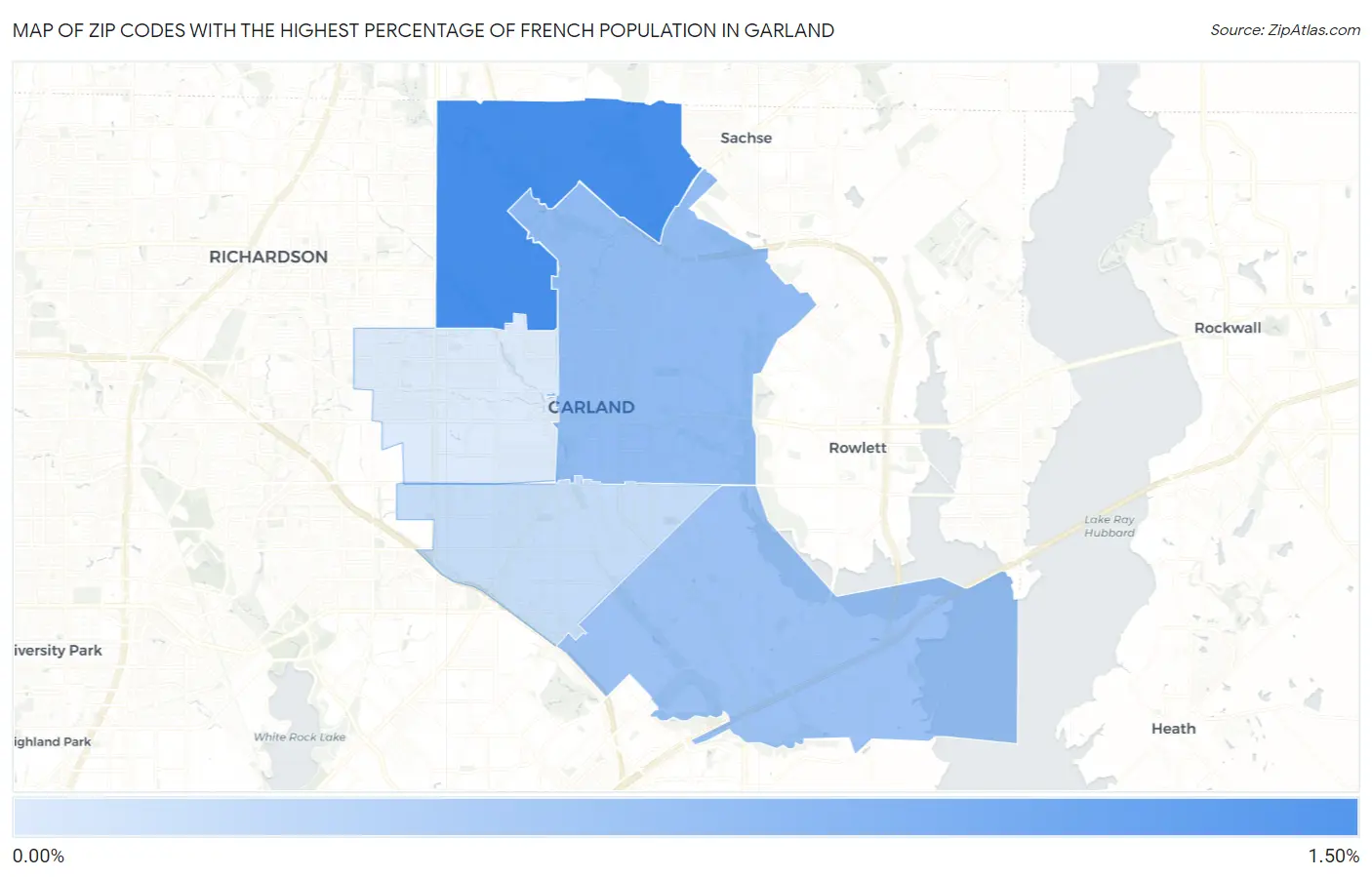 Zip Codes with the Highest Percentage of French Population in Garland Map