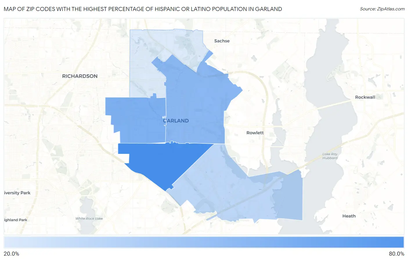 Zip Codes with the Highest Percentage of Hispanic or Latino Population in Garland Map