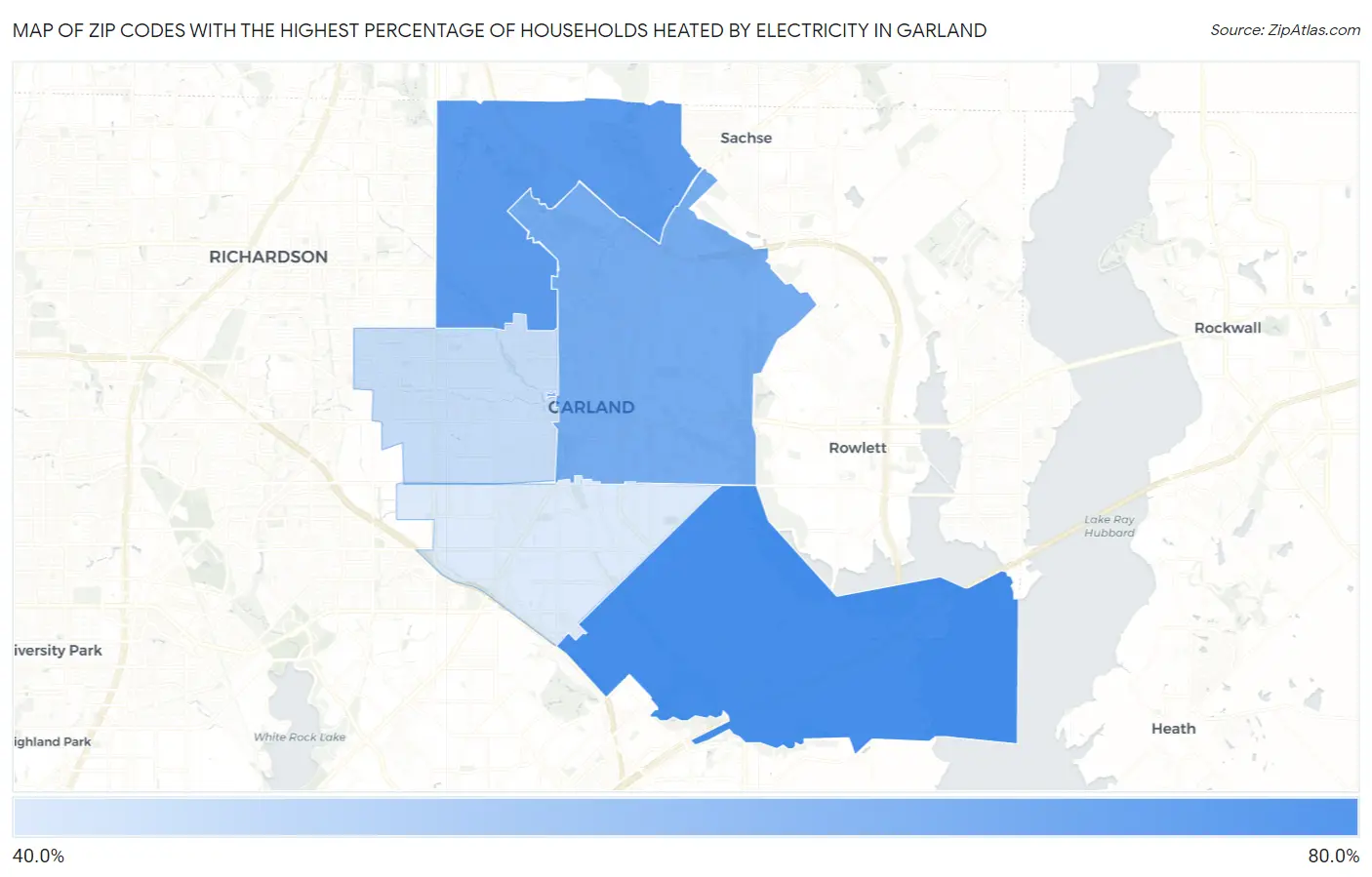 Zip Codes with the Highest Percentage of Households Heated by Electricity in Garland Map