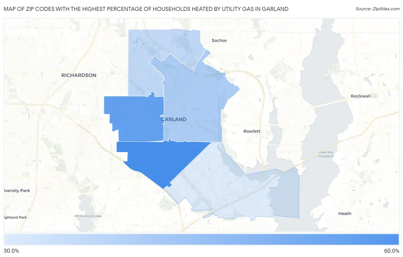 Zip Codes with the Highest Percentage of Households Heated by Utility Gas in Garland Map