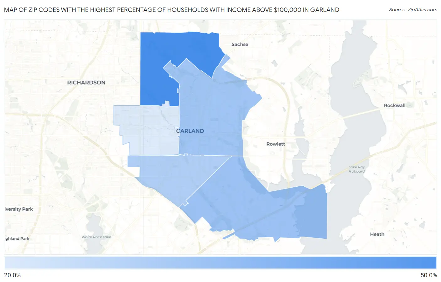Zip Codes with the Highest Percentage of Households with Income Above $100,000 in Garland Map