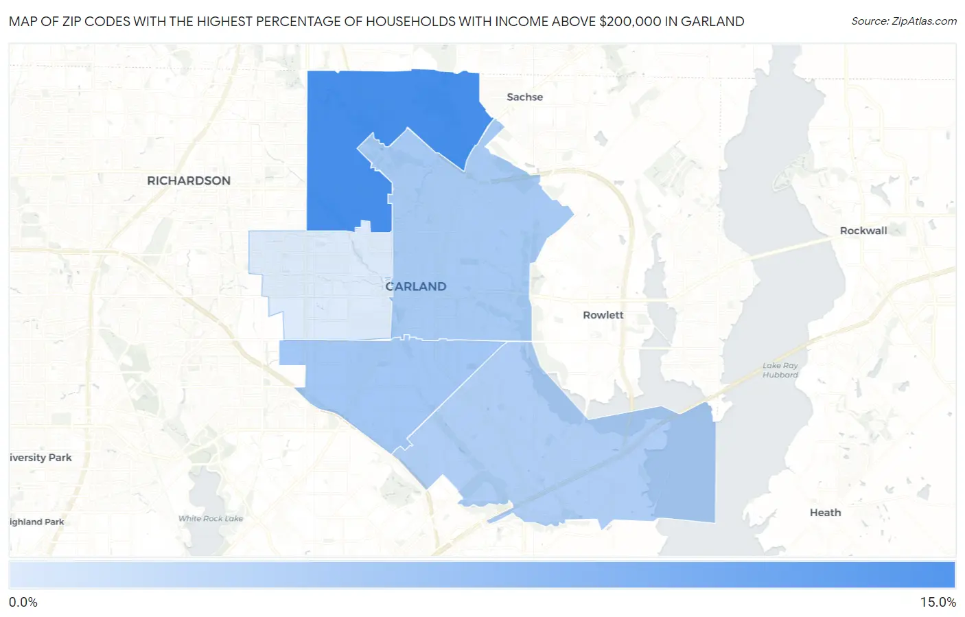 Zip Codes with the Highest Percentage of Households with Income Above $200,000 in Garland Map